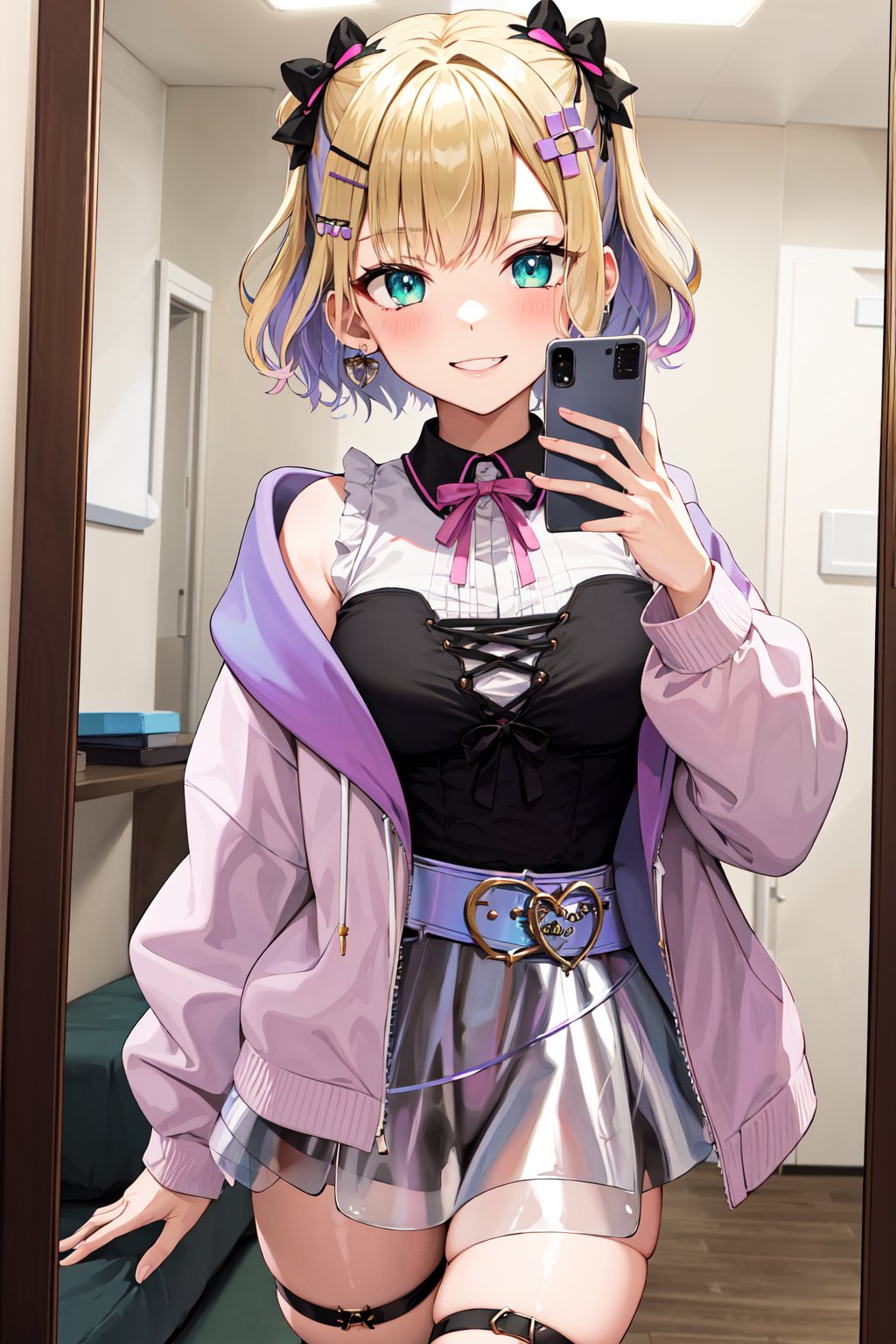 masterpiece, best quality, highres, aanoah, short hair, multicolored hair, hair bow, hair ornament, neck ribbon, sleeveless shirt, off shoulder, pink jacket, open clothes, belt, skirt, thigh strap, <lora:kurumi_noah_v1:0.7>, indoors, selfie, mirror, smile, cellphone, 