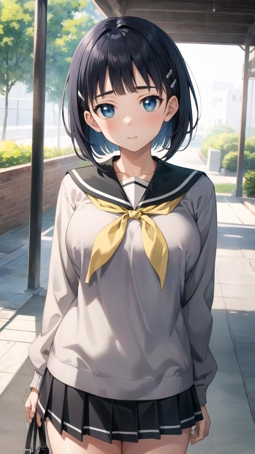 masterpiece, best quality, highres, BREAK, <lora:kirigaya_suguha_v1:0.7>, aasugu, short hair, hairclip, large breasts,grey sweater, black sailor collar, yellow neckerchief, black skirt, 