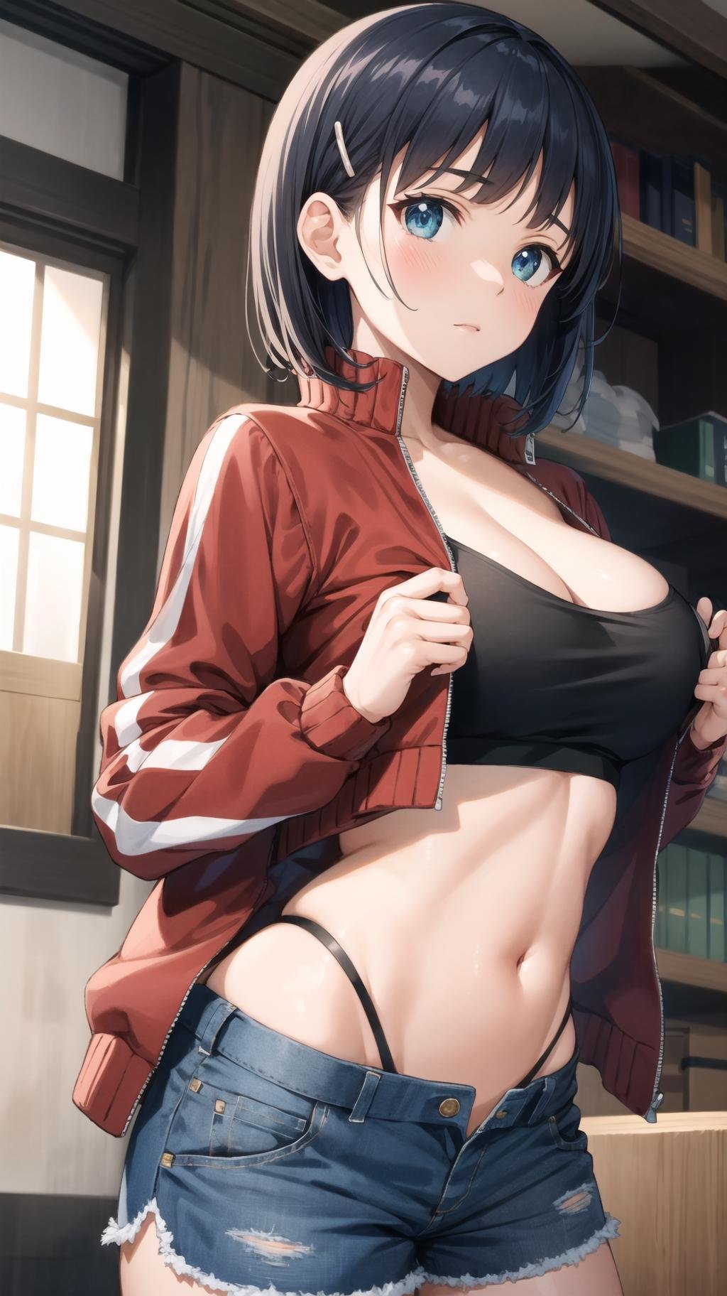 masterpiece, best quality, highres,    <lora:kirigaya_suguha_v1:0.7>, aasugu, short hair, hairclip, large breasts,track jacket, red jacket, black shirt, blue shorts,