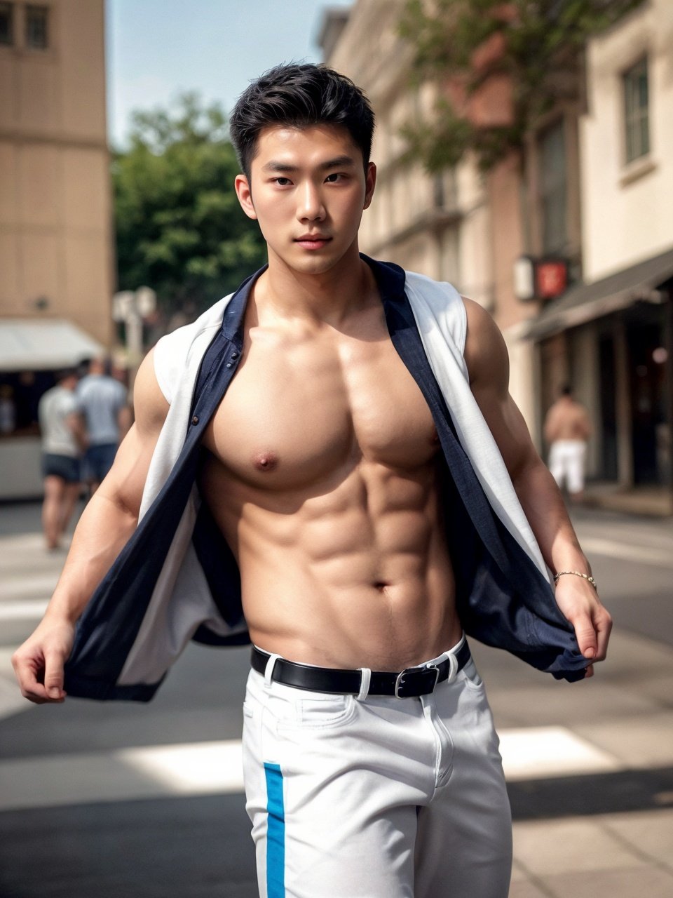 realistic,masterpiece,best quality,cinematic lighting,natural shadow,highest detail,professional photography,detailed background,depth of field,insane details,intricate,aesthetic,detailed face,subsurface scattering,realistic hair,realistic eyes,muscular,masculine,large pectorals,photo of a handsome asian man,(20 year old),black hair,beige-color,open clothes,shirt,belt,pants,cuffs,dynamic pose,outdoor,city street,