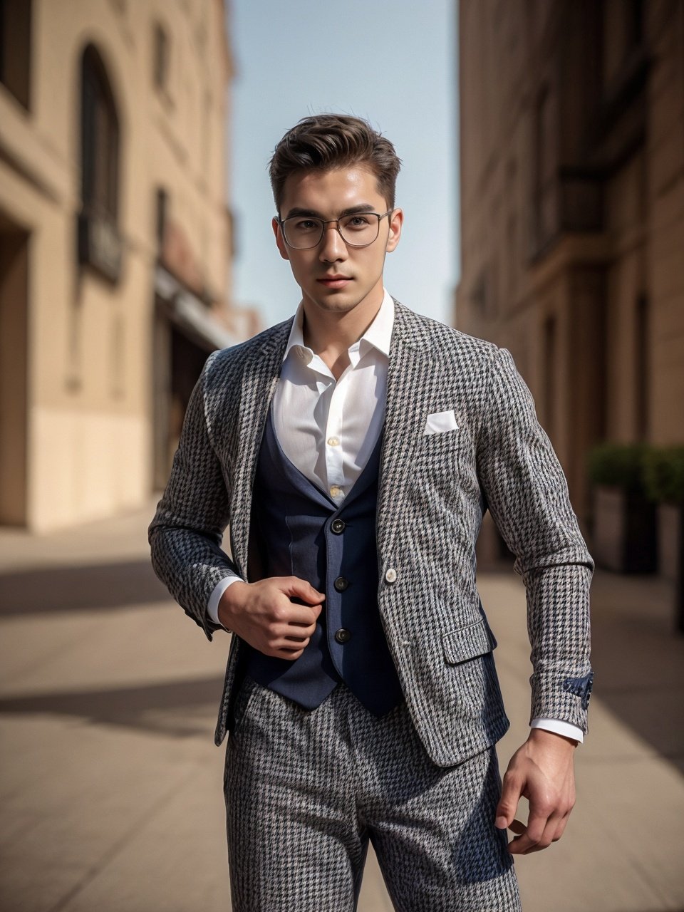 (masterpiece, high quality, best quality),1man,handsome,short hair,glasses,(houndstooth suit),8k,Photo texture. high detail,