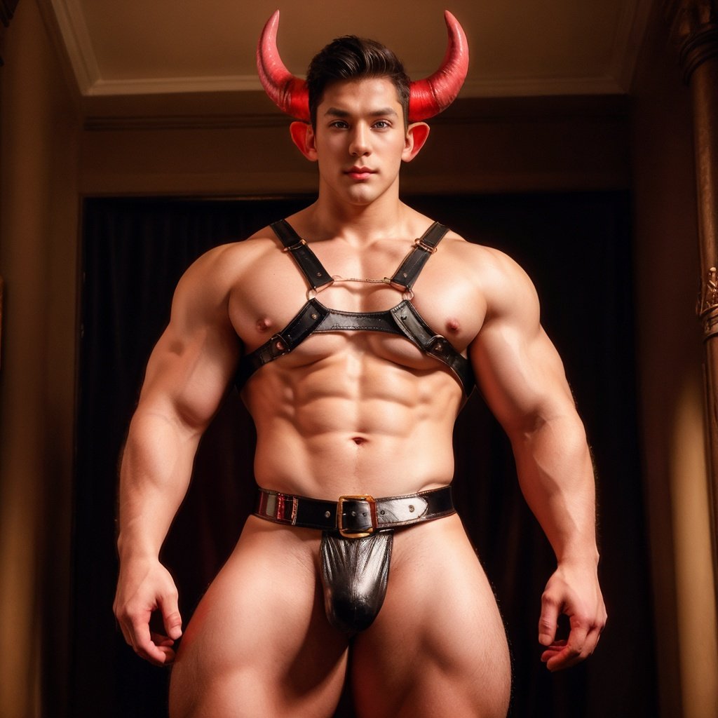 1boy,bara,gorgeous muscular red devil,black ornate codpiece,red shiny skin,harness,giant horns,neon red gothic mansion interior,cinematic lighting,