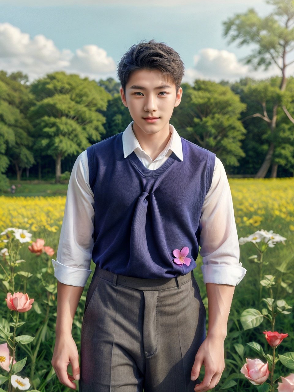 masterpiece,1 boy,18 years old,Look at me,Handsome,Lovely,Sweet,School uniform shirts,Tie,Students,outdoors,Summer,Flower field,Flying petals,Field,Rural area,textured skin,super detail,best quality,<lora:chineseβmalelikeness3:0.5>,