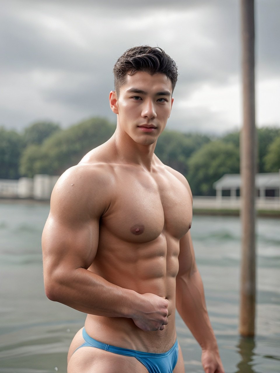 Masculine boy,Handsome,Rainy days in the morning,Wear panties,(Light upper body:1.2),Swim out of the water,Handsome facial features,A small nose,black hair.,Muscle man,Upper body close-up,