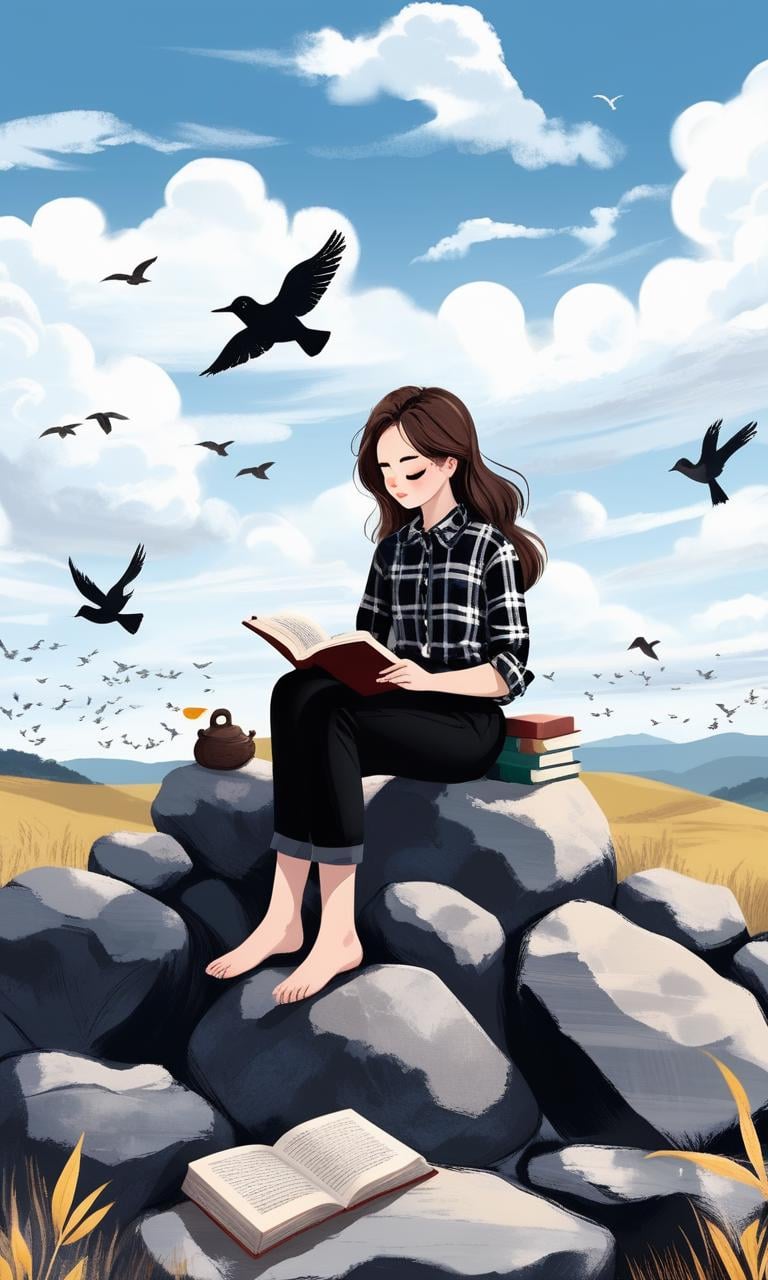 free-hand,illustration,A pretty girl,wearing a plaid shirt and black pants,sitting on the stone reading a book,sky,the clouds,the birds,<lora:free-hand:0.7>,