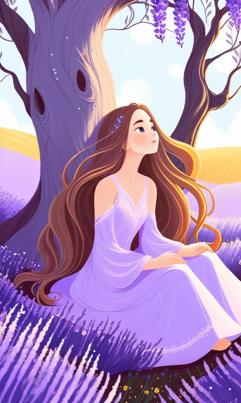 free-hand,beautiful girl with long flowing hair,sitting  in a lavender field,(standalone tree:1.4),fantasy art style,intricate,<lora:free-hand:0.7>,