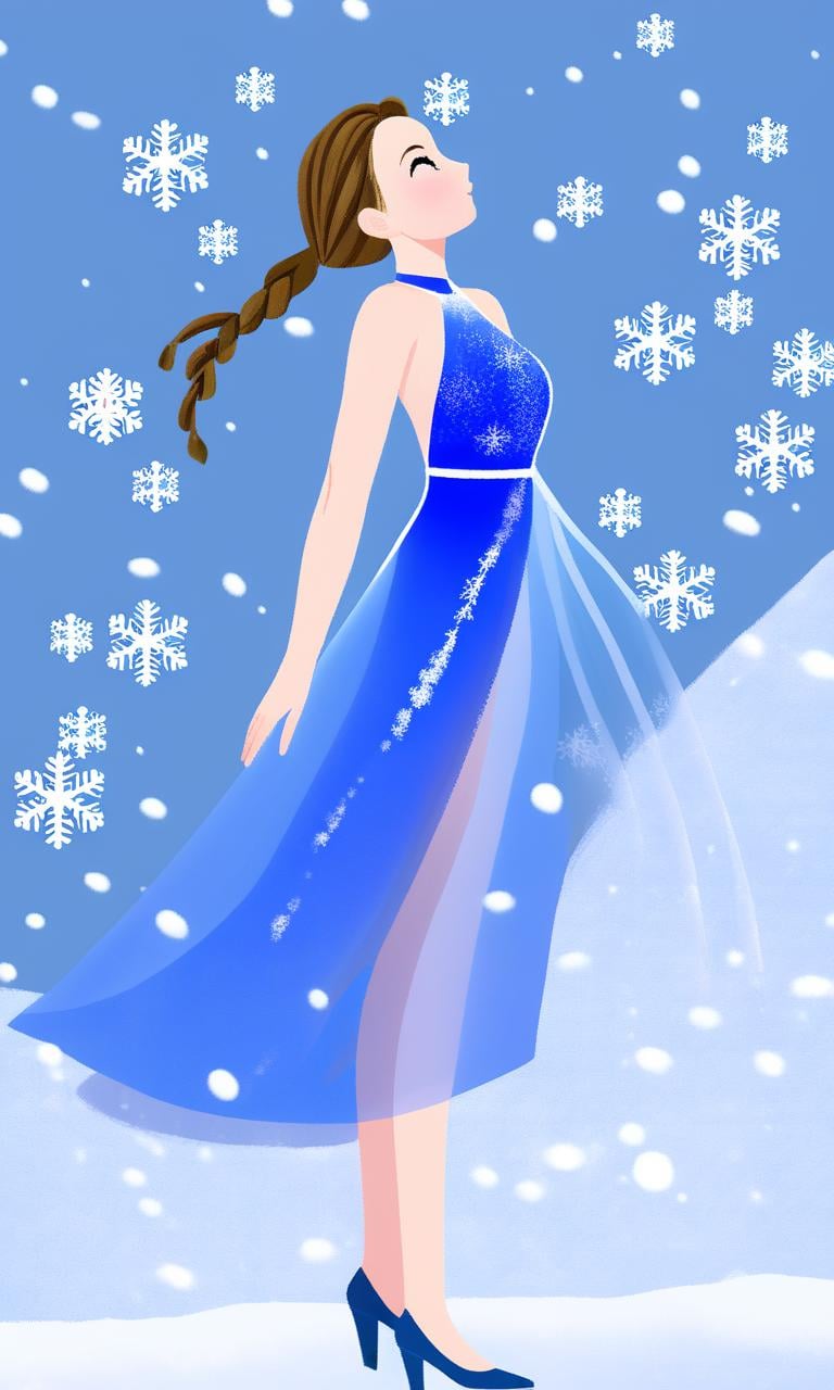 free-hand,a beautiful girl,single braid,hair over shoulder,full body,blue translucent dress,dynamic_pose,snow,<lora:free-hand:1>,