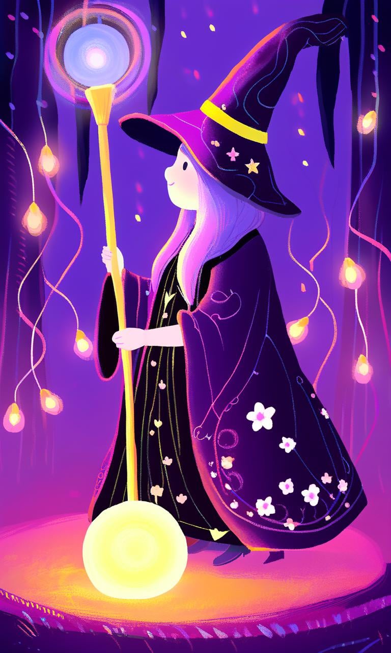 free-hand,girl,solo,wizard hat,robe,holding ancient staff,happy,magic circle,midnight,bloom,glowing lights,<lora:free-hand:1>,