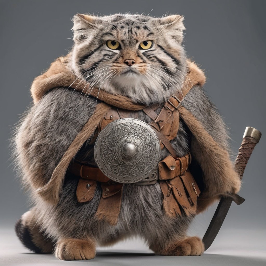 Wearing a horned helmet and a fur cloak, and armed with a small axe, a Chubby pallas's cat channels the ferocity of a Viking raider, 4K HD hi-res photo,realistic Hasselblad photography,studio light,disney cartoon character design,<lora:manul:0.7>,