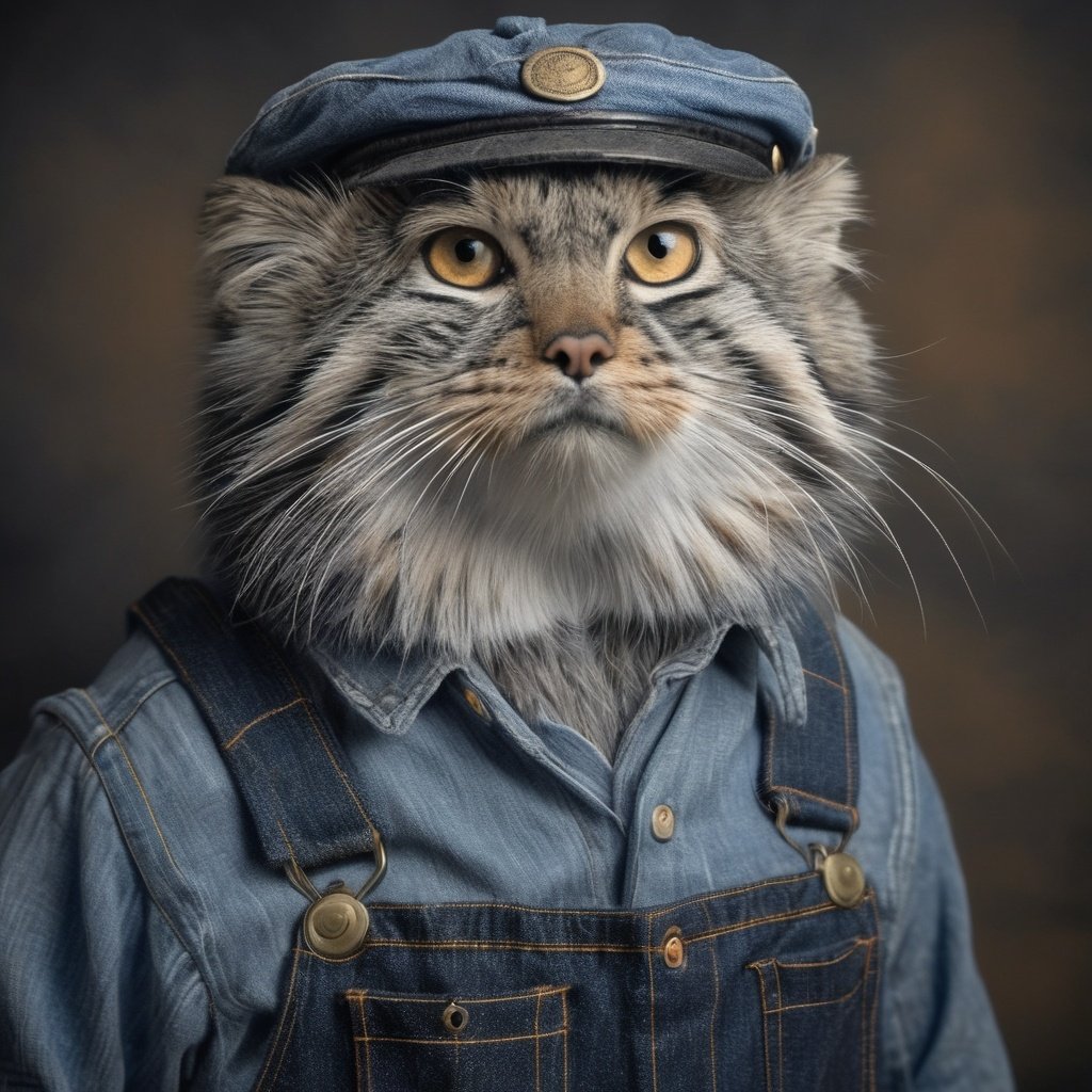 Upper body portrait of a chubby Pallas's cat as a Steam Locomotive Engineer,Dressed in a denim overall and vintage cap,a sense of nostalgia exuding from the smoky backdrop. Captured in a 4K HD hi-res,the realistic Hasselblad photography accentuates the atmospheric elements and depth of the scene,<lora:manul:0.7>,