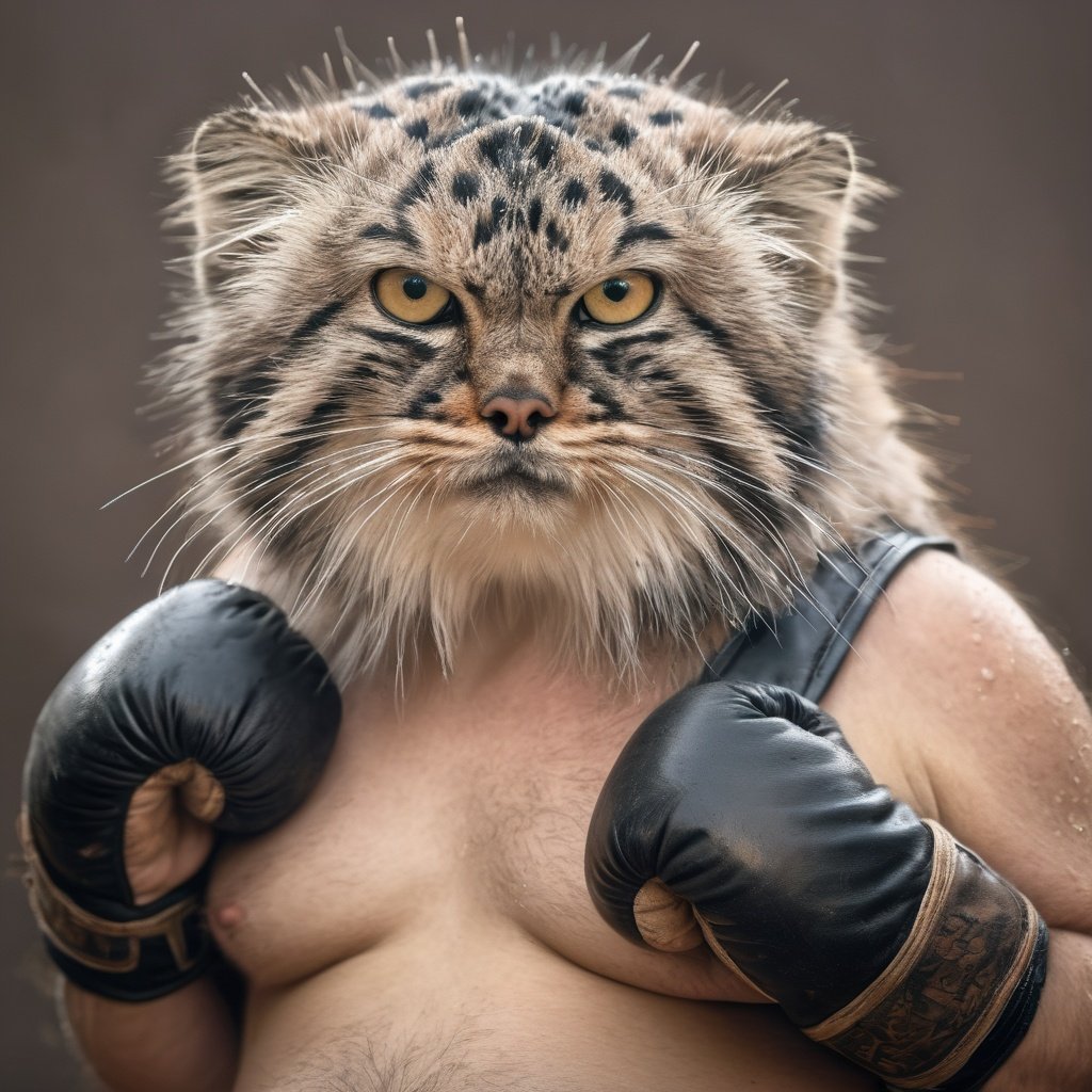 portrait of a chubby Pallas's cat as a Boxer, In vintage boxing gloves and a sweat-soaked tank top, he displays a fierce determination. His fur, spiky and damp, is captured in a 4K HD hi-res, realistic Hasselblad photograph, reminiscent of a gritty Herb Ritts sports portrait<lora:manul:0.6>,