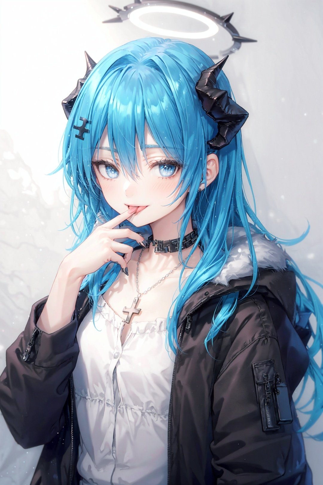  1girl, mostima \(arknights\), solo, horns, halo, long hair, blue hair, fur trim, blue eyes, shirt, cross necklace, white shirt, necklace, jewelry, long sleeves, open clothes, open coat, coat, fur-trimmed coat, upper body, blue tongue, black coat, cross, blue nails, simple background, grey background, bangs, collarbone, nail polish, hand up, gradient background, gradient, black jacket, looking at viewer, tongue, jacket, colored tongue, smile, hood, tongue out, demon horns, finger to mouth