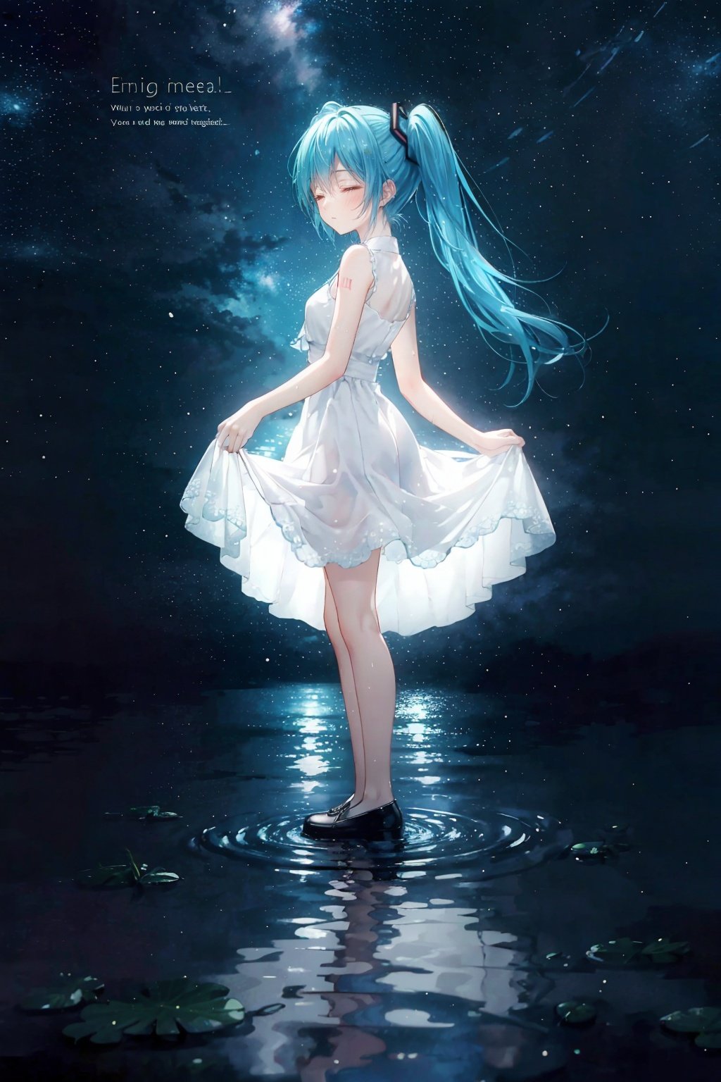  (english text:1.25),(from side), blue theme, (walking_in_liquid), standing_on_liquid, reflective_water, night, only water, (head down), closed eyes, skirt hold,(the surface of the water reflected the brigh stars), light_particles,1girl, very long hair, twintails, solo, hatsune miku, dress, blue hair, full body,water surface, reflection, star (sky), starry sky,,