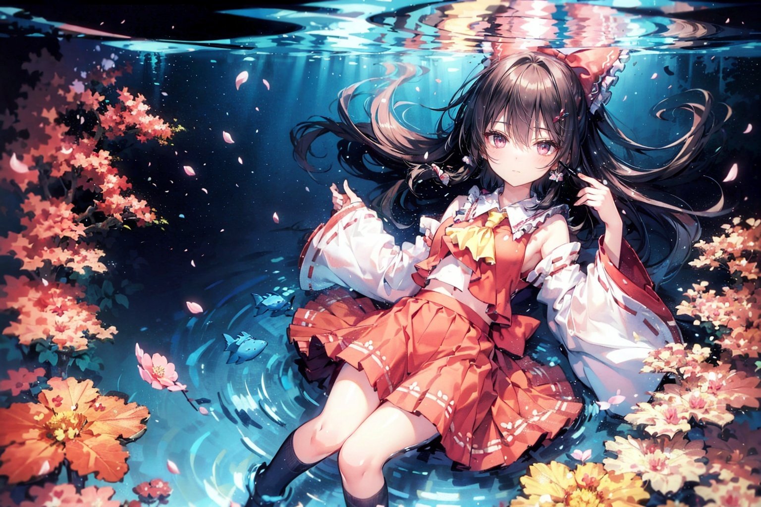  masterpiece, ultra detailed,((from above ,socks, lying, underwater, floating hair, starry sky reflection, floating sakura petals, rippling)),[half closed eyes],(pink eyes),(high contrast:0.8),1girl,solo, hakurei_reimu, hair_tubes, detached_sleeves, solo, bow, long_hair, frills, ribbon_trim, red_bow, hair_bow, ribbon-trimmed_sleeves, wide_sleeves, red_skirt, skirt, looking_at_viewer, ascot, stairs, frilled_bow,black_hair,,