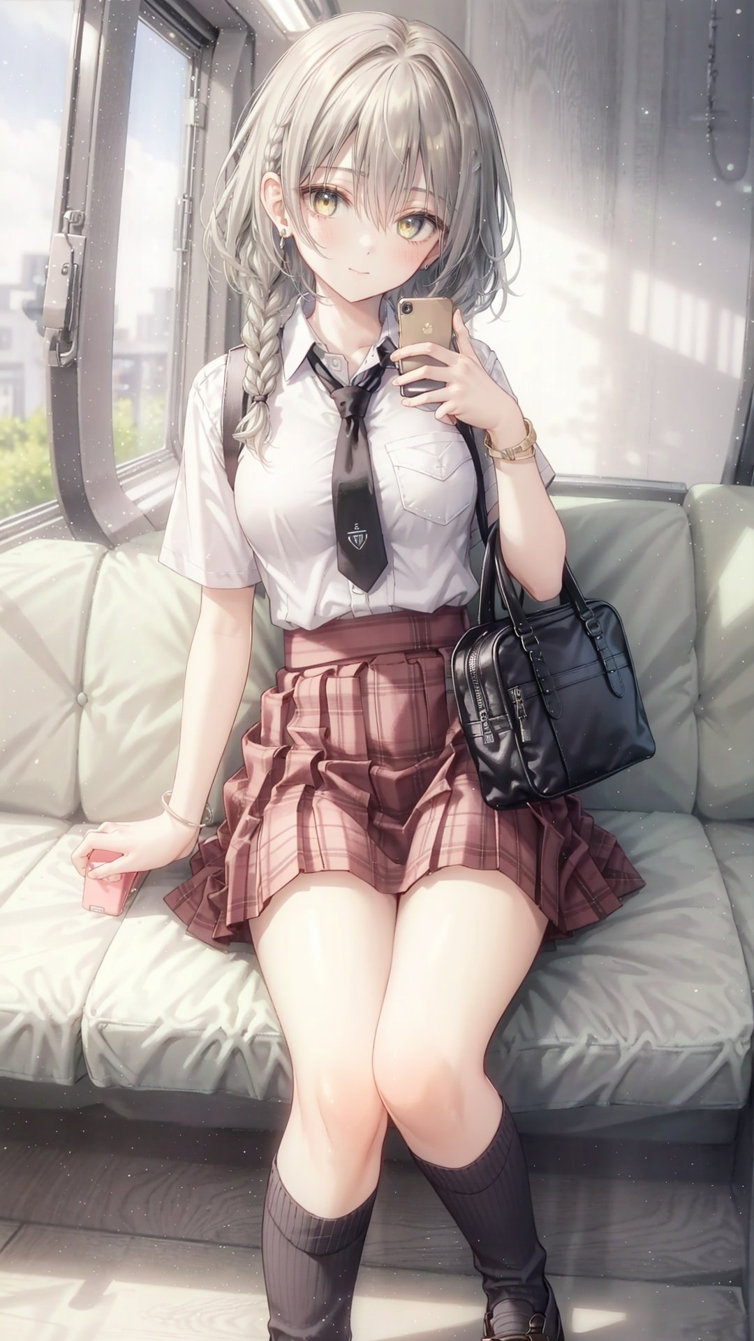  1girl, solo, skirt, long hair, shirt, necktie, sitting, black socks, phone, socks, train interior, bag, cellphone, short sleeves, kneehighs, holding, braid, white shirt, school uniform, collared shirt, holding phone, white hair, twin braids, yellow eyes, pleated skirt, bracelet, jewelry, smartphone, breasts, plaid skirt, closed mouth, school bag, bangs, hair between eyes, grey skirt, plaid, black necktie, thighs, miniskirt, medium breasts, breast pocket, very long hair, pocket