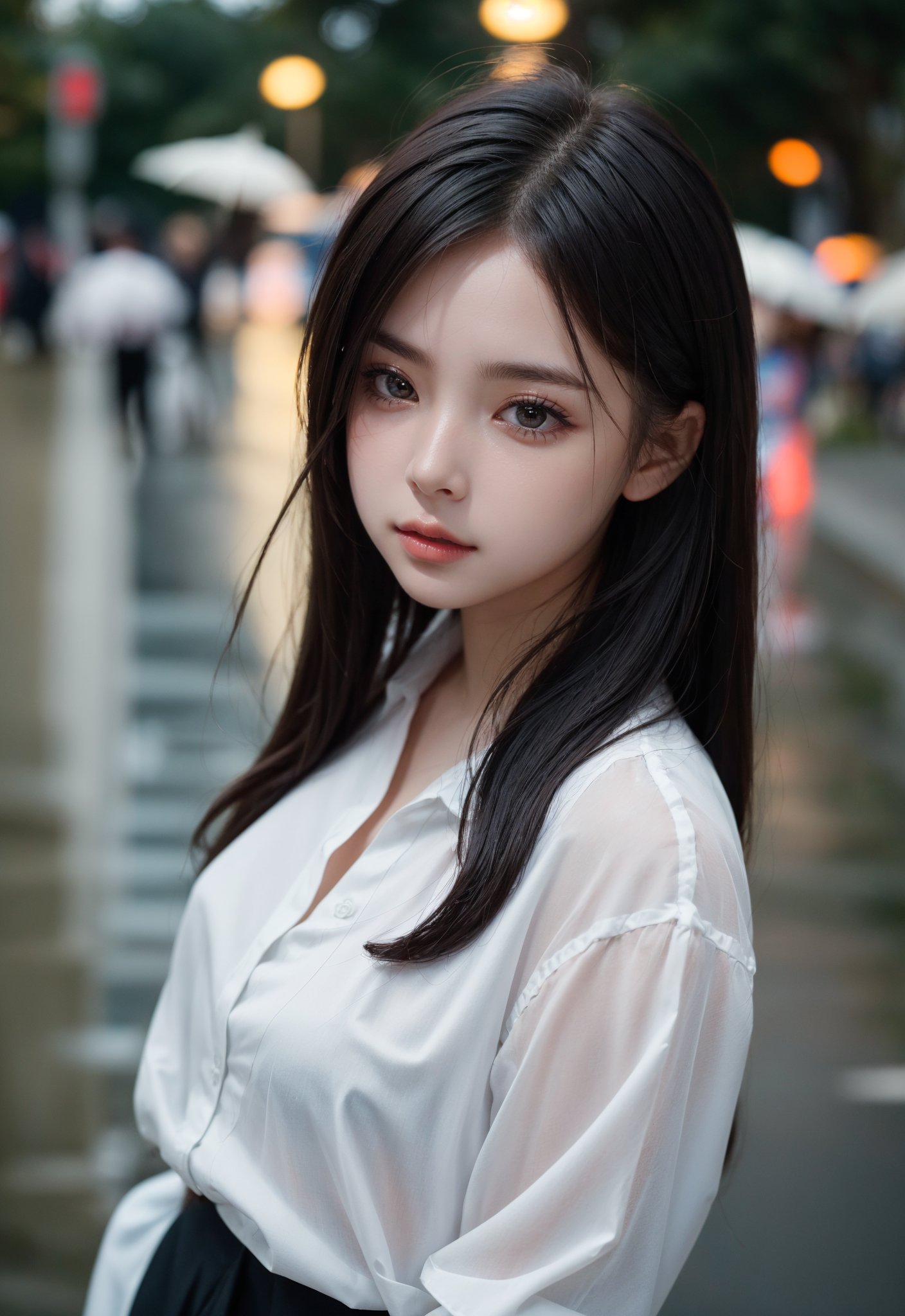 crowd, hastily,direction, step, rainy weather,Documentary, 8k uhd, high quality, film grain, Fujifilm XT3, (Bokeh:1.3), Overhead Shot, (1girl Look at viewer:1.2), white shirt