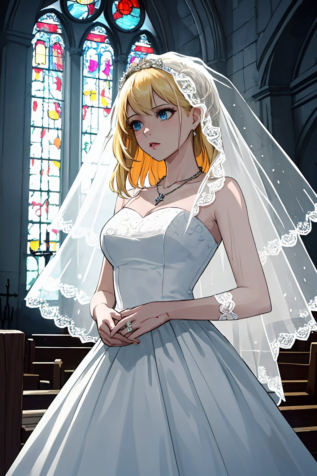 (best quality:1.2), (hyper detailed), 

Best quality,masterpiece,ultra high res,1girl,gun,dress,blonde hair,veil,solo,jewelry,blood,necklace,blue eyes,blood on clothes,snow,bridal veil,wedding dress,(covered in on artstation,FAN ART,colourful,beautiful,artstation,film mood,dramaticoppressive lighting,shadows,cinematic atmosphere,sharp focus,worksafe,norfleet,rain,,,,indoors,church,