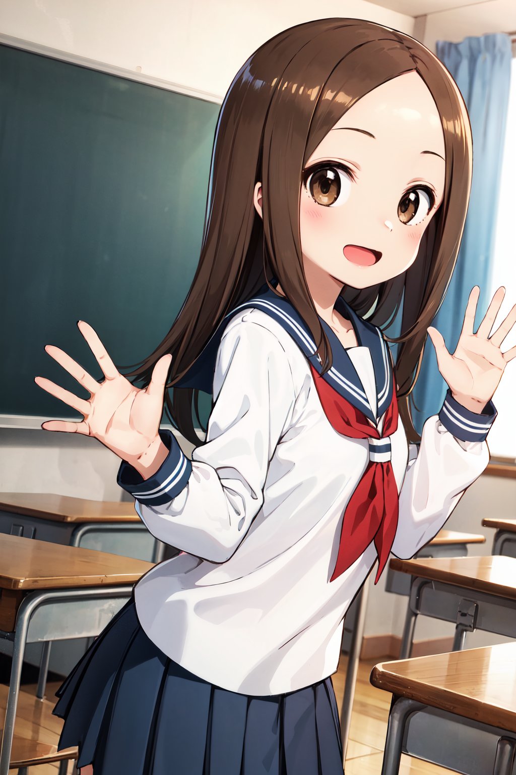 masterpiece, best quality, highres, 1girl, aatakagi, long hair, sailor collar, red neckerchief, sailor shirt, white shirt, long sleeves, pleated skirt, blue skirt, <lora:takagi-san_v1:0.7>, standing, classroom, waving, open mouth, smile, waving,