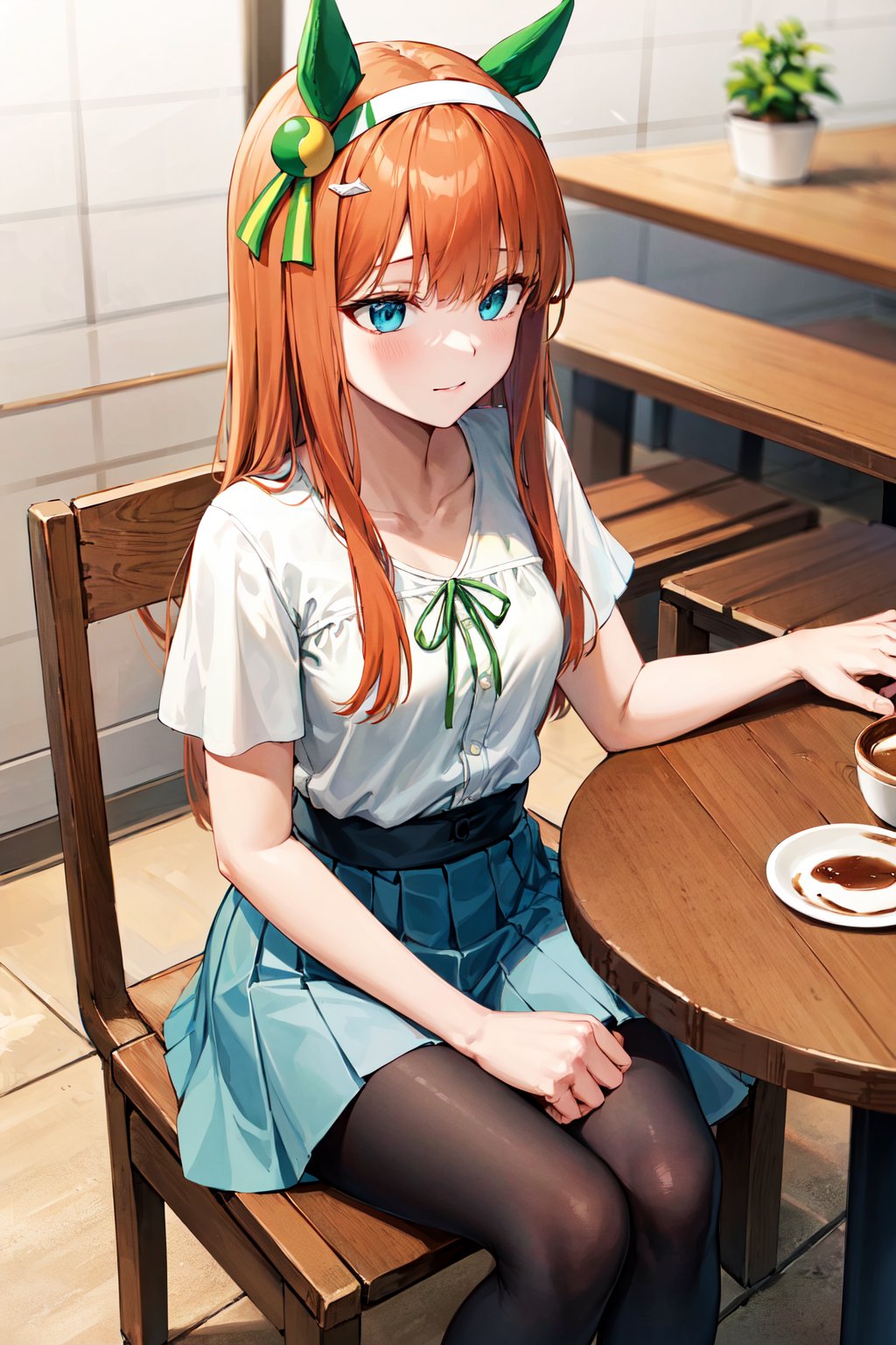 masterpiece, best quality, highres, ccsuzuka, long hair, animal ears, ear covers, white hairband, horse tail, white shirt, green ribbon, short sleeves, blue skirt, black pantyhose, <lora:silence_suzuka_v1:0.7>, sitting, cafe, coffee, chair, table, 