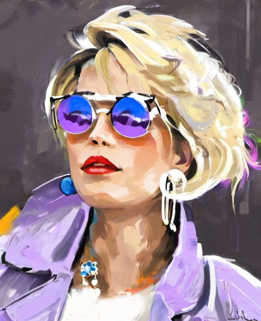 chahua,solo, 1girl, blonde hair, sunglasses, blue eyes, eyewear on head, portrait, jewelry, earrings, looking to the side, purple jacket, , <lora:肖像插画_XL:1>, masterpiece, best quality,