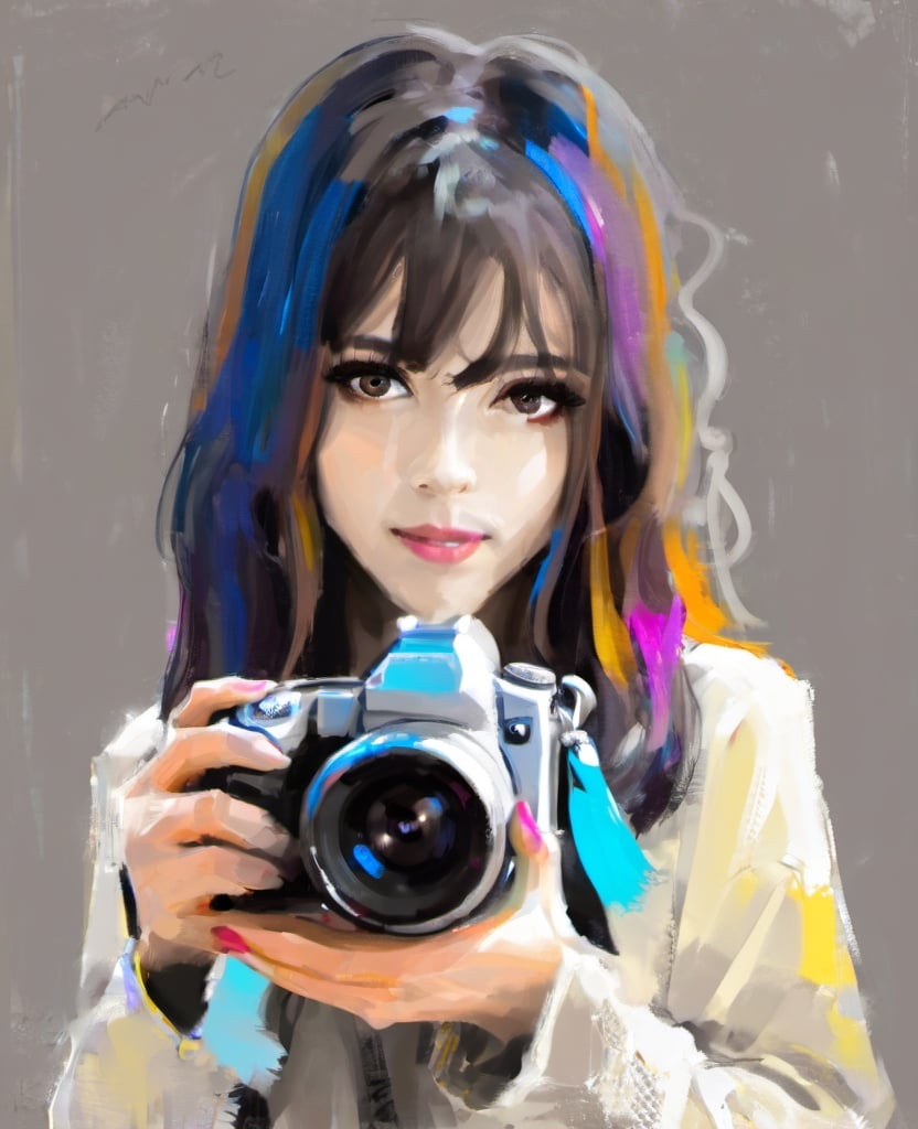 chahua,1girl, solo,holding camera, holding, signature,  looking at viewer, <lora:肖像插画_XL:1>, masterpiece, best quality,