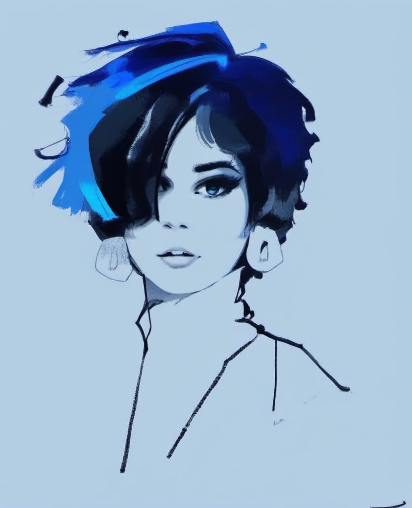 chahua,1girl, solo, short hair, looking at viewer, monochrome,  blue theme, blue background, earrings, jewelry, portrait, <lora:肖像插画_XL:1>, masterpiece, best quality,