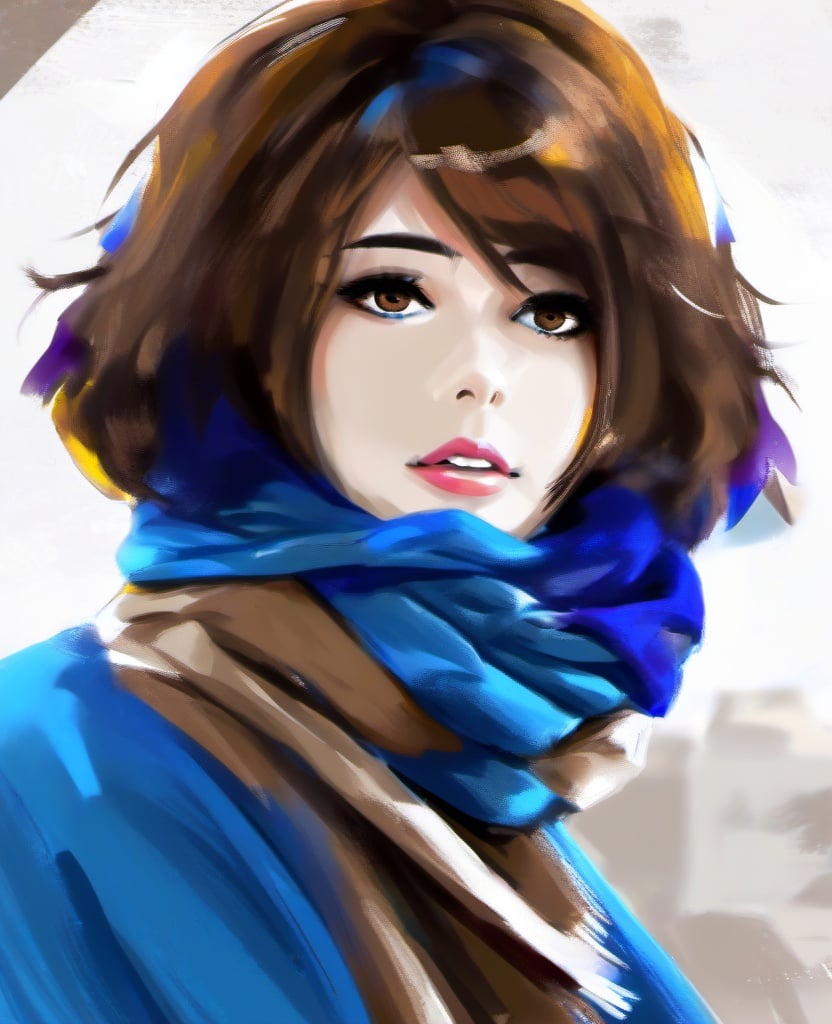 chahua,solo, 1girl, brown hair, scarf, short hair, looking at viewer,blue scarf, parted lips, <lora:肖像插画_XL:1>, masterpiece, best quality,