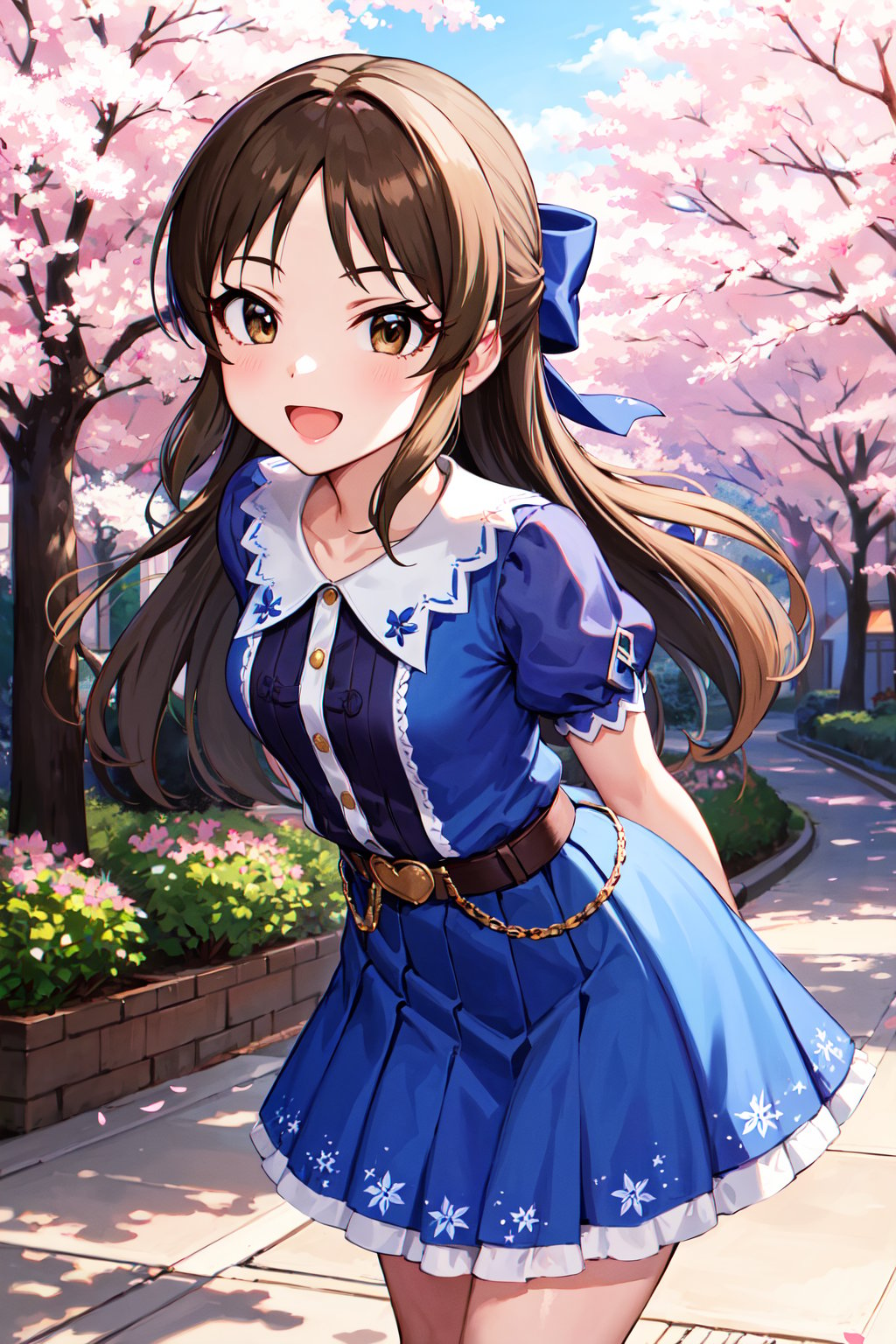 masterpiece, best quality, highres, hmarisu, long hair, hair bow, blue bow, blue dress, collared dress, short sleeves, puffy sleeves, belt, blue skirt, <lora:tachibana_arisu_v1:0.8>, idolmaster cinderella girls, cherry blossoms, cowboy shot, standing, leaning forward, arms behind back, smile, open mouth,