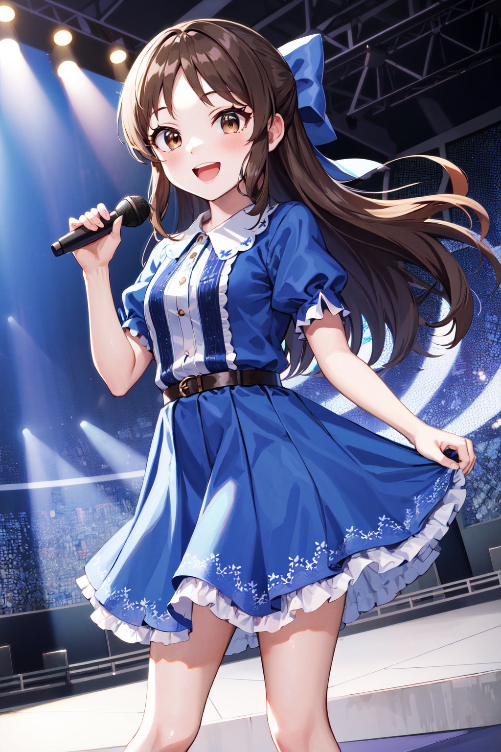 masterpiece, best quality, highres, hmarisu, long hair, hair bow, blue bow, blue dress, collared dress, short sleeves, puffy sleeves, belt, blue skirt, <lora:tachibana_arisu_v1:0.8>, holding microphone, stage, smile, open mouth, standing