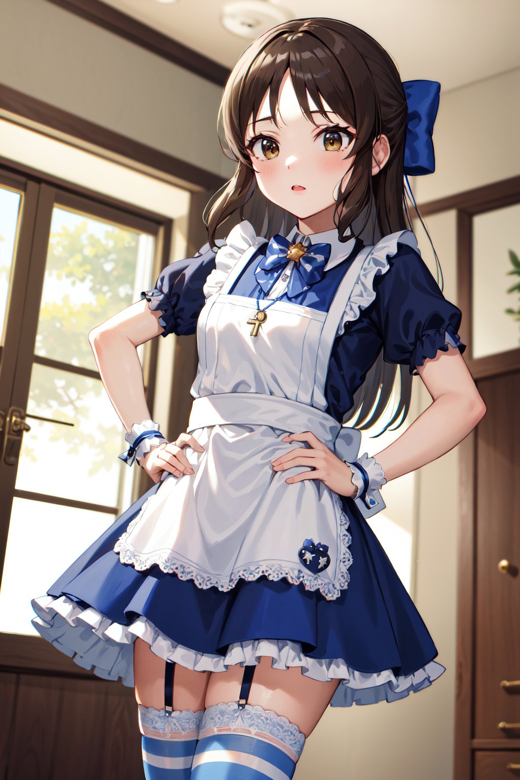 masterpiece, best quality, highres, hmarisu, long hair, hair bow, blue bow, key necklace, bowtie, frilled dress, puffy short sleeves, wrist cuffs, white apron, garter straps, striped thighhighs, <lora:tachibana_arisu_v1:0.8>, indoors, standing, cowboy shot, hand on hip, 