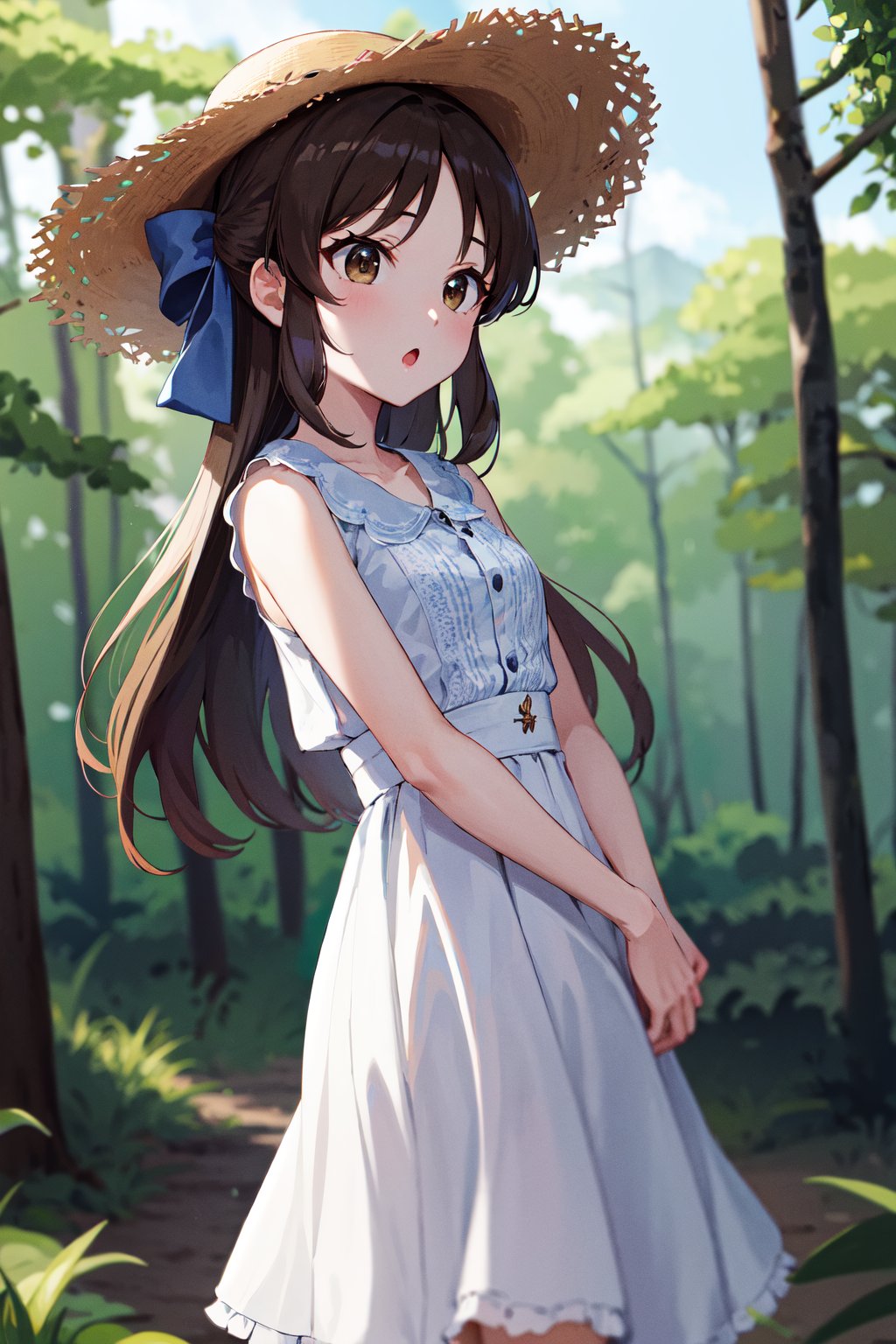 masterpiece, best quality, highres, hmarisu, long hair, hair bow, blue bow, straw hat, white dress, <lora:tachibana_arisu_v1:0.8>, cowboy shot, :o, outdoors, forest, 