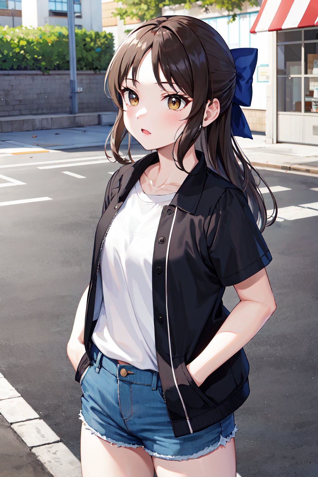 masterpiece, best quality, highres, hmarisu, long hair, hair bow, blue bow, white shirt, t-shirt, black jacket, short shorts, denim shorts, <lora:tachibana_arisu_v1:0.8>, outdoors, standing, hands in pockets, street.