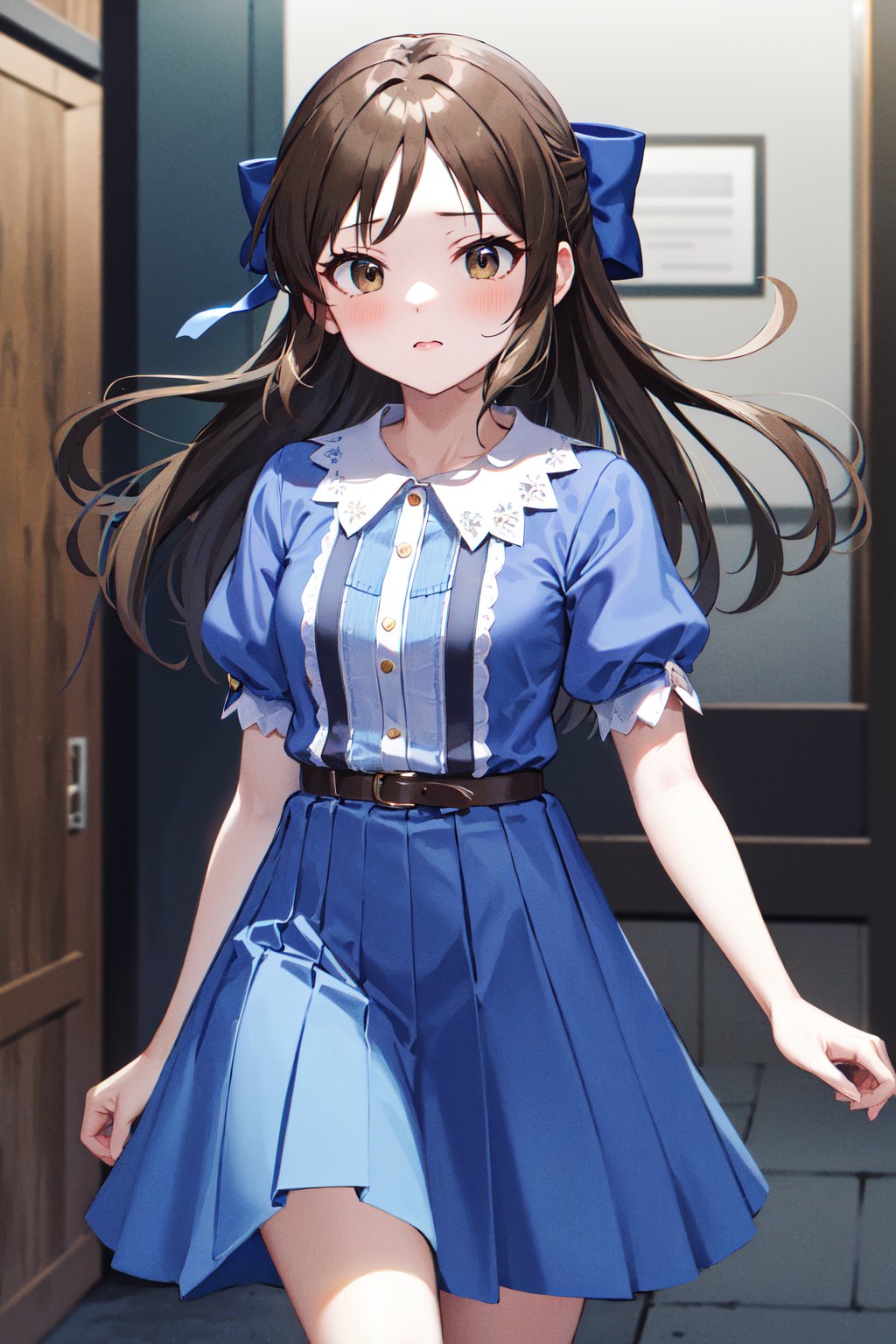 masterpiece, best quality, highres, hmarisu, long hair, hair bow, blue bow, blue dress, collared dress, short sleeves, puffy sleeves, belt, blue skirt, <lora:tachibana_arisu_v1:0.8>, cowboy shot, standing,