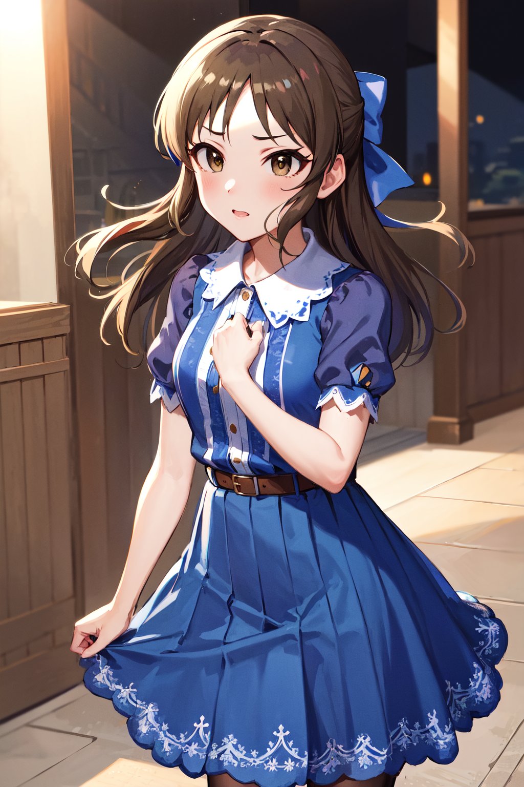 masterpiece, best quality, highres, hmarisu, long hair, hair bow, blue bow, blue dress, collared dress, short sleeves, puffy sleeves, belt, blue skirt, <lora:tachibana_arisu_v1:0.8>, cowboy shot, standing, idolmaster cinderella girls, 