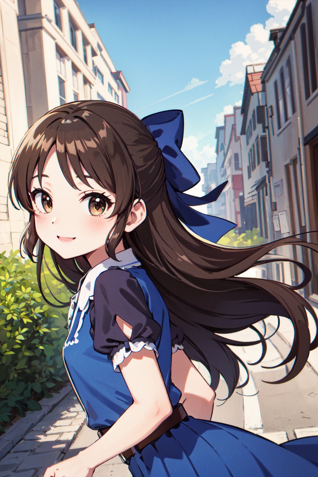 masterpiece, best quality, highres, hmarisu, long hair, hair bow, blue bow, blue dress, collared dress, short sleeves, puffy sleeves, belt, blue skirt, <lora:tachibana_arisu_v1:0.8>, upper body, outdoors, smile