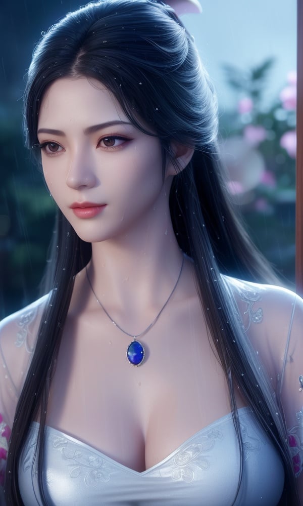 (,1girl, ,best quality, )<lora:DA_南宫婉-凡人修仙传:0.6>,, ,ultra realistic 8k cg, flawless,  tamari \(flawless\), professional artwork, famous artwork, cinematic lighting, cinematic bloom, perfect face, beautiful face, fantasy, dreamlike, unreal, science fiction,  luxury, jewelry, diamond, pearl, gem, sapphire, ruby, emerald, intricate detail, delicate pattern, charming, alluring, seductive, erotic, enchanting, hair ornament, necklace, earrings, bracelet, armlet,halo,masterpiece, fantasy, realistic,science fiction,mole,  medium breasts,cherry blossoms,wet clothes,lace, lace trim,   lace-trimmed legwear,(((Best quality, masterpiece, ultra high res, (photorealistic:1.4), raw photo, 1girl, wet clothes, rain, sweat, ,wet, night, moon,  )))  (()), (),