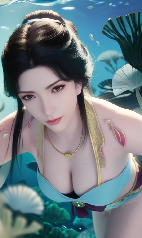 (,1girl, ,best quality, )<lora:DA_南宫婉-凡人修仙传:0.8>,, ,masterpiece,((((1girl, solo, medium breasts, solo focus, seaweed,underwater, ))))    (()), (), ,ultra realistic 8k cg, flawless, clean, masterpiece, professional artwork, famous artwork, cinematic lighting, cinematic bloom, perfect face, beautiful face, fantasy, dreamlike, unreal, science fiction, luxury, jewelry, diamond, gold, pearl, gem, sapphire, ruby, emerald, intricate detail, delicate pattern, charming, alluring, seductive, erotic, enchanting, hair ornament, necklace, earrings, bracelet, armlet,halo,