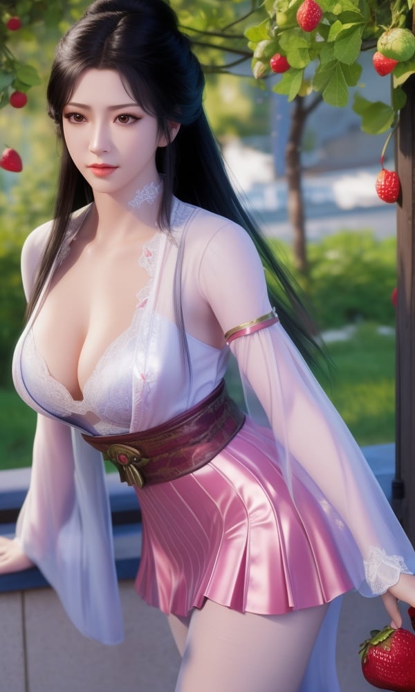 (,1girl, ,best quality, )<lora:DA_南宫婉-凡人修仙传:0.8>,, ,masterpiece, fantasy, realistic,science fiction,mole, ultra realistic 8k cg, ,tamari \(flawless\),  medium breasts,cleavage,strawberry blossoms,lace ,ribbon, pantyhose,    (()), (),