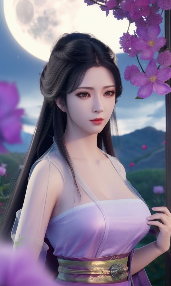 (,1girl, ,best quality, )<lora:DA_南宫婉-凡人修仙传:0.8>,, ,masterpiece, fantasy, realistic,science fiction,mole, ultra realistic 8k cg, ,tamari \(flawless\),  medium breasts,moonlight,full moon, purple flower,       (()), (),