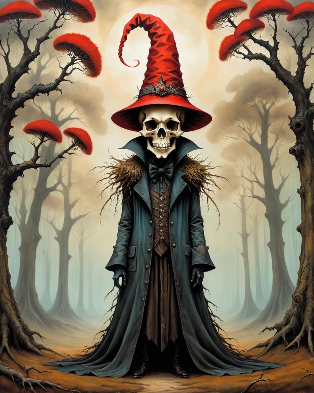 Papercut collage of <lora:FF-Style-ESAO-Andrews-LoRA:1> in the style of esao andrews,esao andrews style,esao andrews art,esao andrewsa skull with a red hat and a tree in the background, scary detailed art in color, horror fantasy art, macabre art, dug stanat macabre art, fungal god, style of esao andrews, elegant horror artwork, esao andrews, scary art in color, brian froud style, style of jeff soto, of an evil tree wizard . Mixed media, textured paper, overlapping, asymmetrical, abstract, vibrant