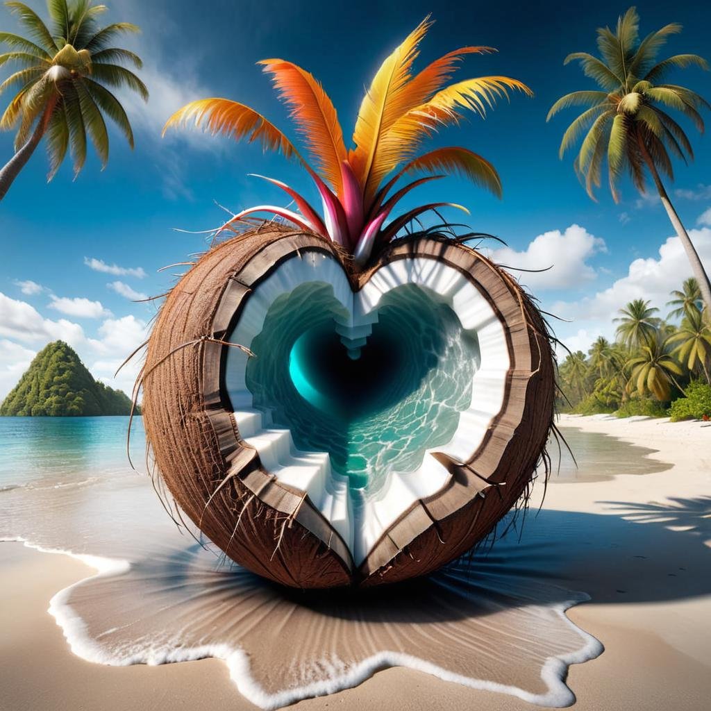 Surrealist art (Masculine Photo:1.3) of (Graphic novel:1.3) <lora:DalE-3-FFusion-LoHA:1> arafed coconut radio on a sandy beach with palm trees, radio, hi-res photo, coconuts, hyperrealistic 3 d render, istock, detailed digital artwork, c4d, c 4 d, digital artwork, hi res, photorealistic concept art, hyper realistic 3 d render, concept illustartion, rendered in keyshot, realistic cgi render a heart shaped island, surrealism 8k, surreal 3 d render, 4 k surrealism, 4k highly detailed digital art, epic surrealism 8k oil painting, beautiful art uhd 4 k, 4k detailed digital art, floating island, stylized digital art, surreal concept art, 3d render digital art, 3 d render beeple, surreal + highly detailed high quality game character digital design, [art by David LaChapelle,art by Hsiao-Ron Cheng::15], Unreal Engine, Water color painting, Mecha- Monstrous high quality game fantasy rpg character design, dark rainbow Fur Scarf, inside of a Superficial Outhouse, at Twilight, Overdetailed art, Amusing, Agfacolor,Highly Detailed . Dreamlike, mysterious, provocative, symbolic, intricate, detailed