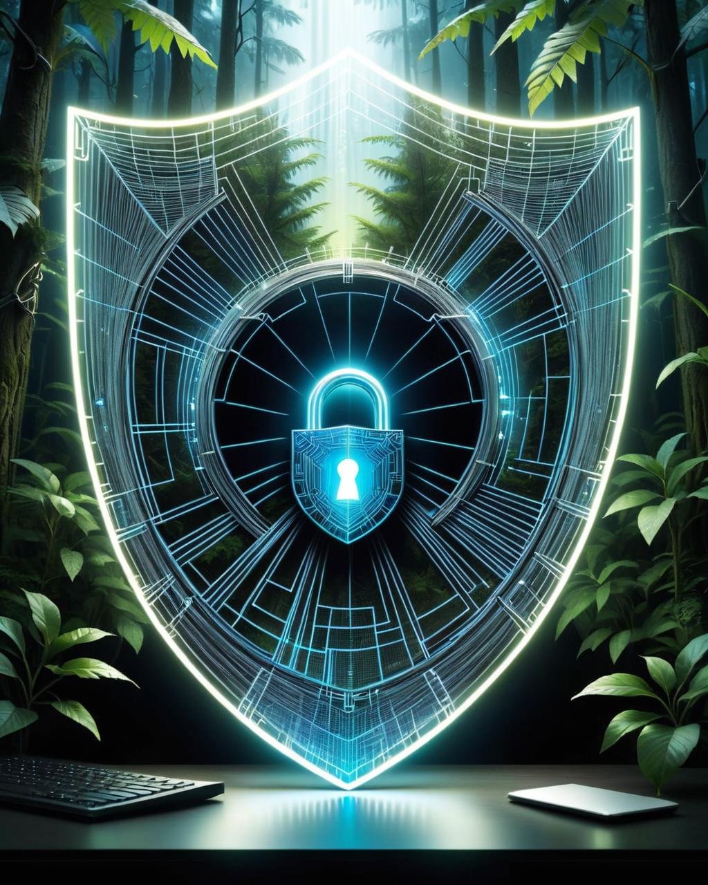 Surrealist art (Fragile Photo:1.3) of (Sketched:1.3) <lora:DalE-3-FFusion-LoHA:1> a shield with a lock in the middle of a computer screen, cyber security polygon, cyber background, cyber installation, cyber space forest scene, large cyberarrays data holograms, cyber space, cyber neon lighting, the encrypted metaverse, surreal cyberspace, cyber neon lights, cyber architecture, cyber aesthetic, rococo cyber neon lighting, cyber neon lightings,Highly Detailed . Dreamlike, mysterious, provocative, symbolic, intricate, detailed