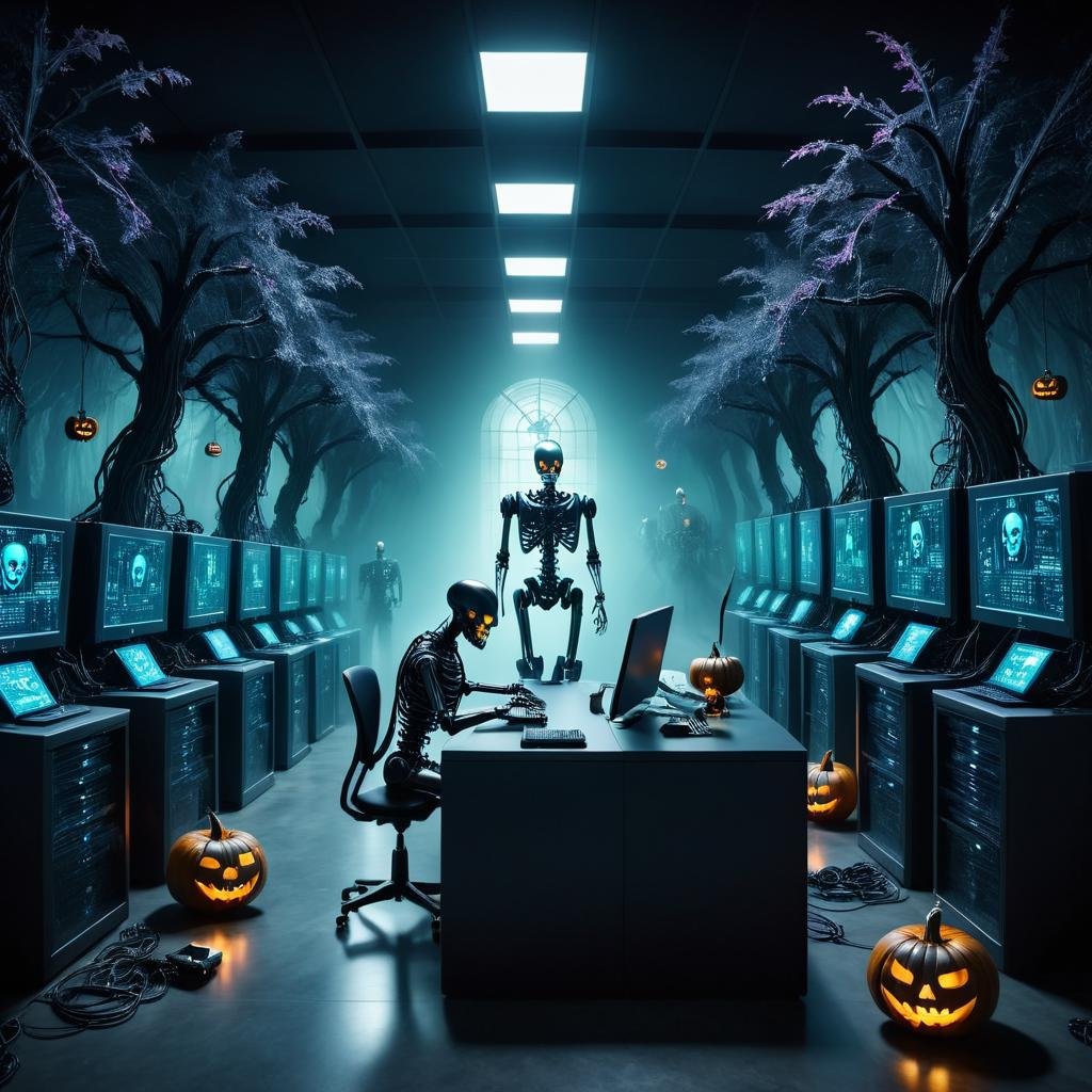 Surrealist art halloween in the office with robots and pumpkins,  cyber skeletons,  halloween atmosphere on Tensor.Art