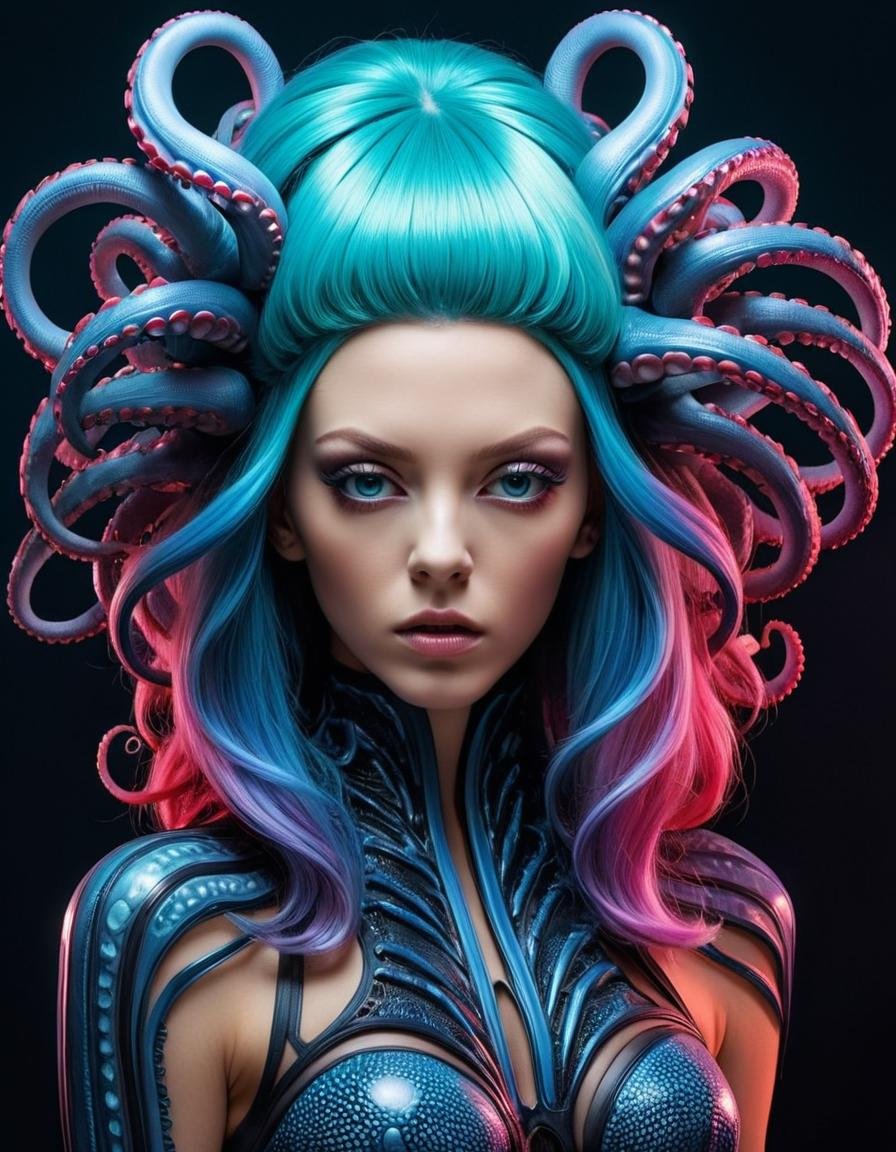 Gothic style (Photo:1.3) of (Ultrarealistic:1.3),(Hopeless:1.3) <lora:Tentacle-FFashion-LoKr-1:1> fashion show, Floating Neon Cyberpunk Markets a woman with colorful hair and a colorful wig, portrait of a sci - fi woman, cyberpunk medusa, futuristic woman portrait, portrait beautiful sci - fi girl, dreamy colorful cyberpunk colors, psychedelic organic cyborg, in style of beeple, beautiful futuristic hair style, portrait of a space cyborg, futuristic psychedelic hippy, portrait of a space alien, portrait of a cyborg queen TentacleFFashion, (detailed facial features), (detailed tentacle features), Extremely high-resolution details, photographic, realism pushed to extreme, fine texture, incredibly lifelike,Highly Detailed,(Blue hue:1.3),monster,ugly,surgery,evisceration,morbid,cut,open,rotten,mutilated,deformed,disfigured,malformed,missing limbs,extra limbs,bloody,slimy,goo,Richard Estes,Audrey Flack,Ralph Goings,Robert Bechtle,Tomasz Alen Kopera,H.R.Giger,Joel Boucquemont,ArtStation,DeviantArt contest winner,thematic background . Dark, mysterious, haunting, dramatic, ornate, detailed