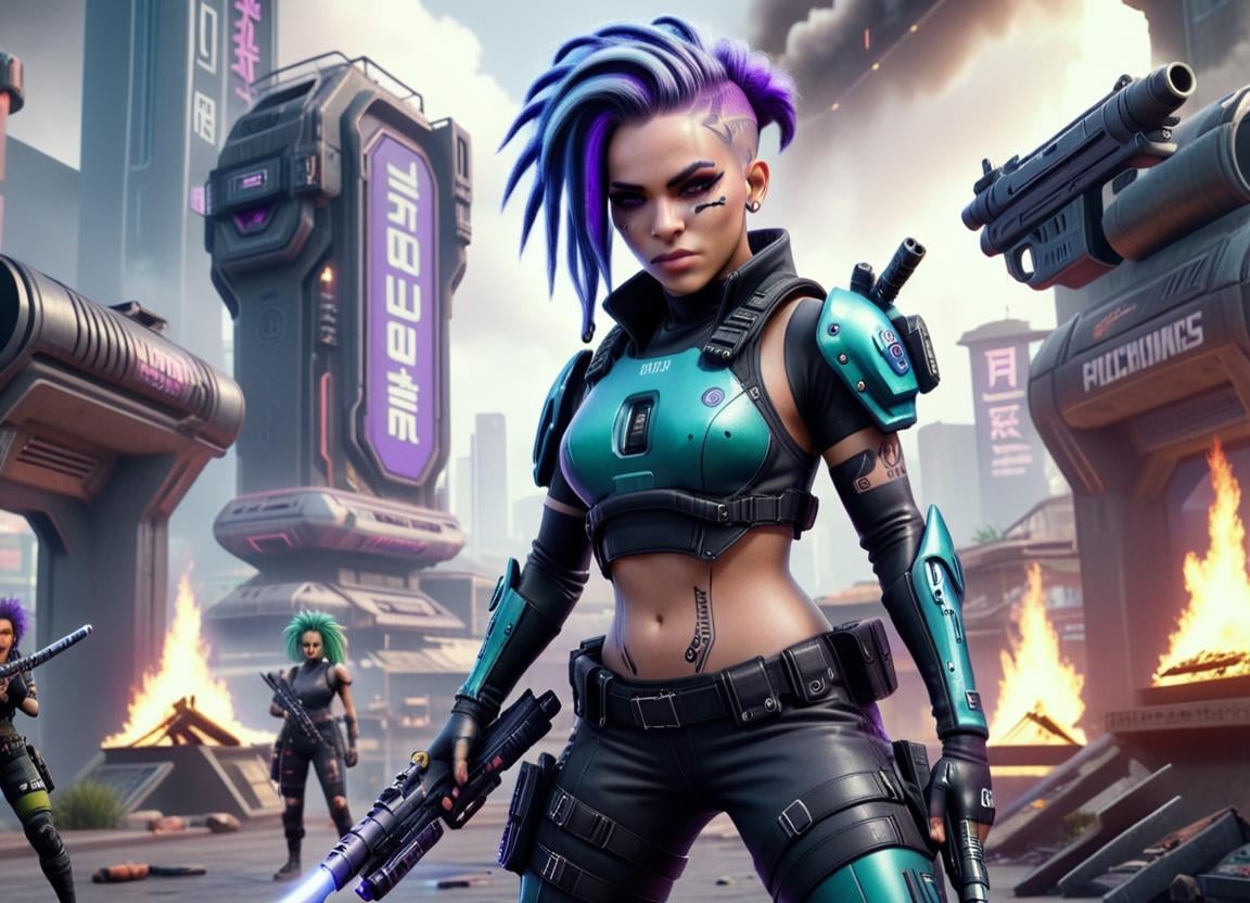 Hyperrealistic art <lora:FF__Cyberpunk_Style:1> a woman with purple hair wearing a futuristic outfit, a woman with dreadlocks holding a gun, cyberpunk 8 k, holding a lightsabre. splash art, a woman with green hair in a futuristic suit, shadowrun character art, cyberpunk dyed haircut, very beautiful cyberpunk samurai, trending on artstation hd, portrait beautiful sci - fi girl, a woman with blue hair in a futuristic city, cyberpunk art ultrarealistic 8k, a man holding a gun in front of a fire, apex legends character  . Extremely high-resolution details, photographic, realism pushed to extreme, fine texture, incredibly lifelike