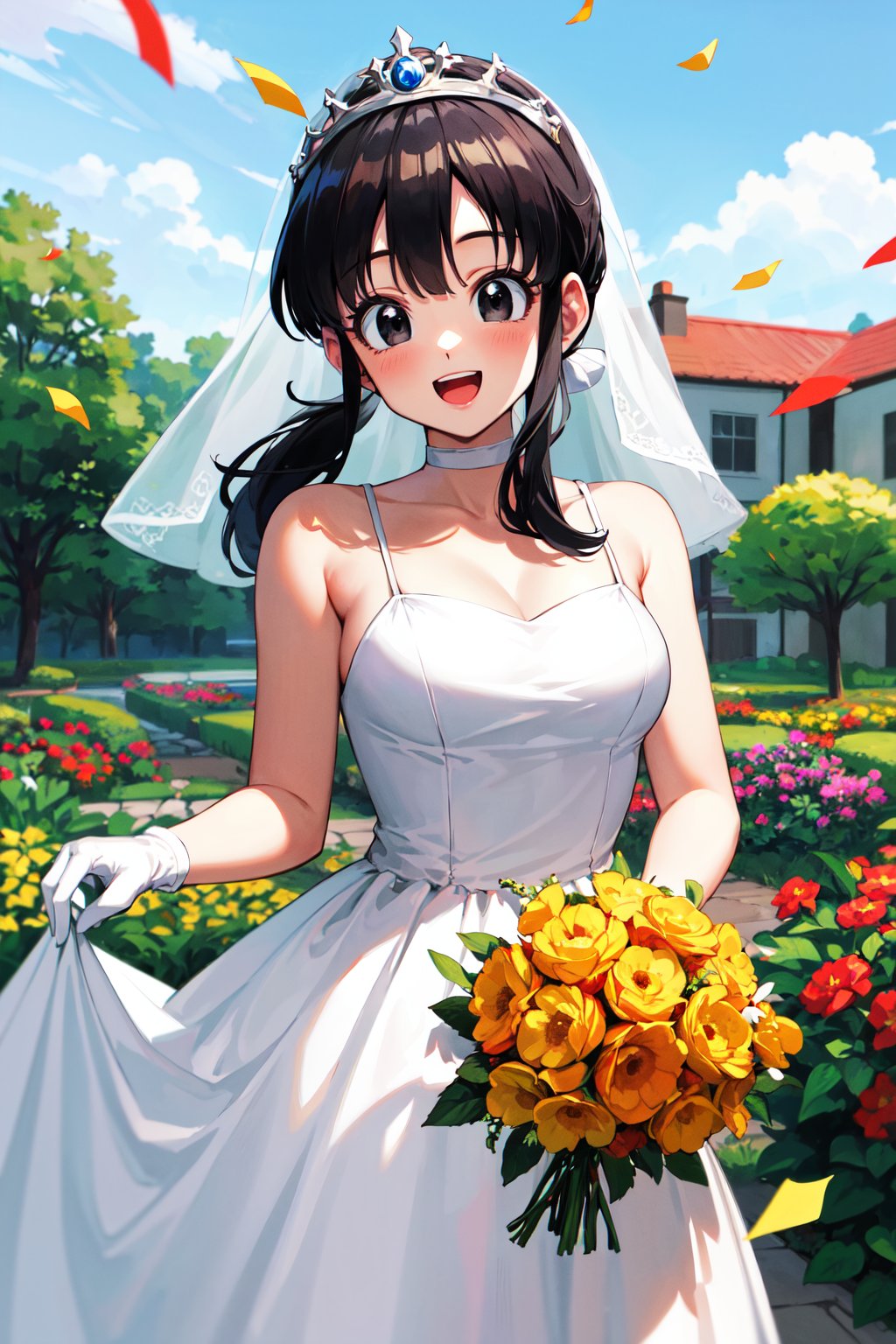 masterpiece, best quality, highres, dragon ball, bbchichi, (low ponytail:1.1), black eyes, <lora:chi-chi_v1:0.7>, tiara, wedding dress, white dress, white gloves, garden, cowboy shot, confetti, looking at viewer, holding bouquet, smile, open mouth, 