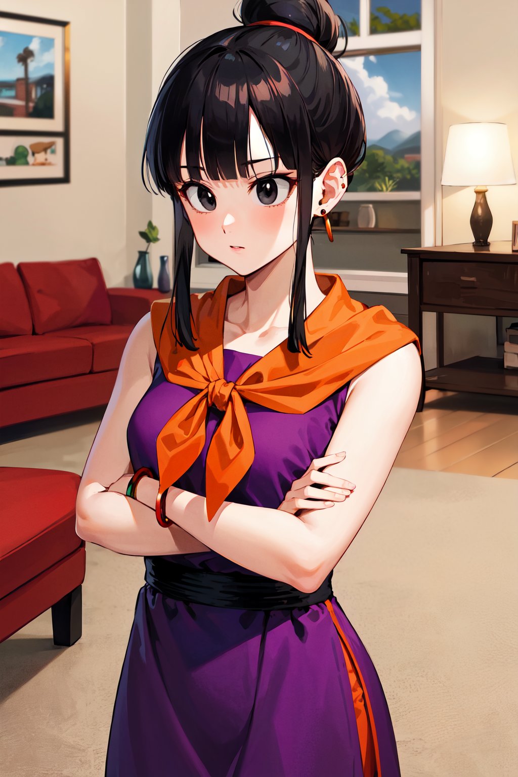 masterpiece, best quality, highres, dragon ball, bbchichi, single hair bun, hair bun, blunt bangs, sidelocks, black eyes,  earrings, orange neckerchief, orange scarf, purple dress, sleeveless, bracelet, <lora:chi-chi_v1:0.6>, indoors, living room, crossed arms, 