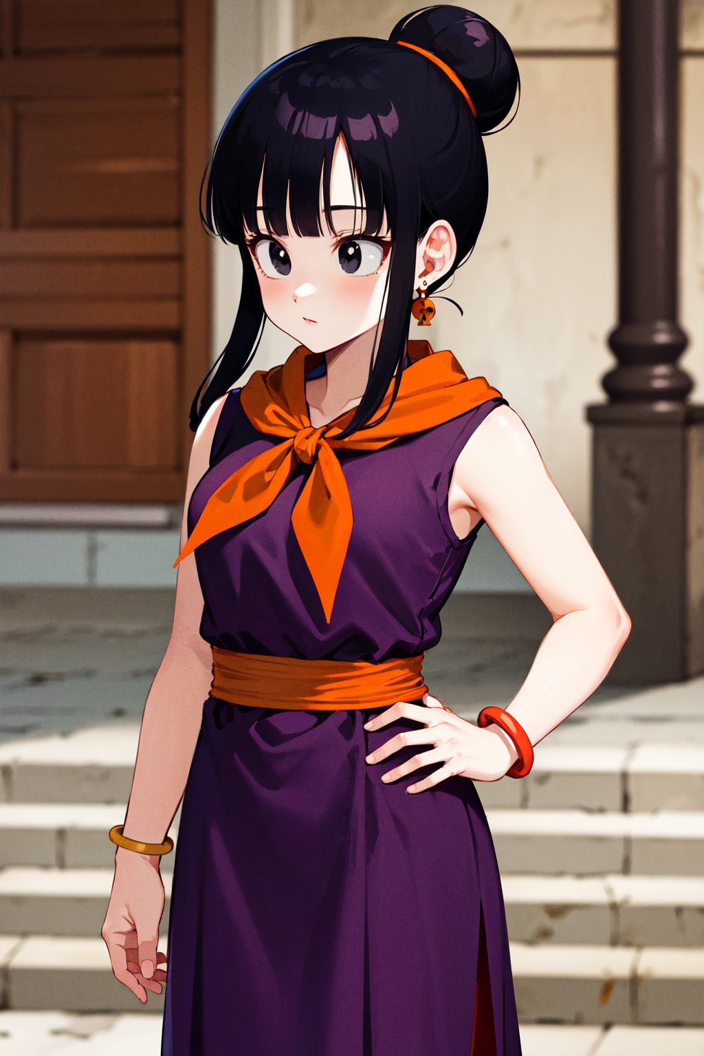 masterpiece, best quality, highres, dragon ball, bbchichi, single hair bun, hair bun, blunt bangs, sidelocks, black eyes,  earrings, orange neckerchief, orange scarf, purple dress, sleeveless, bracelet, <lora:chi-chi_v1:0.6>, standing, cowboy shot, outdoors