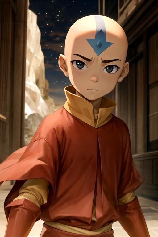 masterpiece, best quality, , 1boy, solo, male focus, looking at viewer, upper body, depth of field, ligne claire, , <lora:aang_avatar:0.66>, aang_avatar, bald, black eyes, , , science fiction time travel,