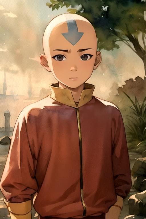 masterpiece, best quality, sketch, 1boy, solo, male focus, looking at viewer, upper body, , (watercolor illustration, soft pastel colors:1.1), realistic, <lora:aang_avatar:0.72>, aang_avatar, bald, black eyes, , aquarium,